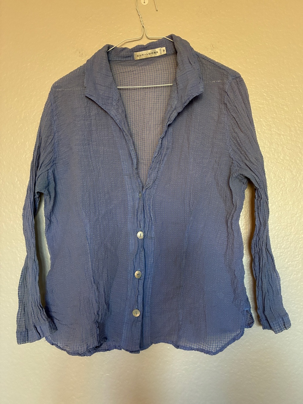 VTG Cut Loose Lavender-Blue Textured Button-Front Shirt Size M Plaid V-neck Y2K